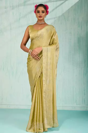yellow silk blend chiffon zarkan work saree with unstitched blouse