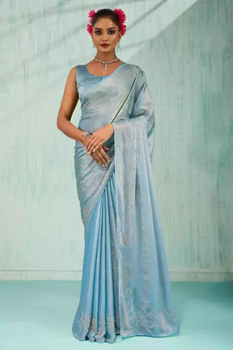 sky blue silk blend chiffon zarkan work saree with unstitched blouse