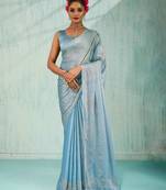 sky blue silk blend chiffon zarkan work saree with unstitched blouse