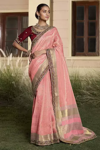 Peach embroidered fancy fabric saree with designer blouse fabric