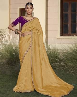 Yellow embroidered fancy fabric saree with designer blouse fabric 1
