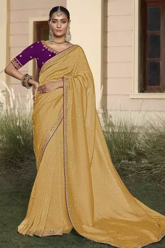 Yellow embroidered fancy fabric saree with designer blouse fabric