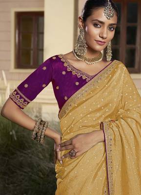 Yellow embroidered fancy fabric saree with designer blouse fabric 2