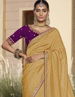 Yellow embroidered fancy fabric saree with designer blouse fabric 3