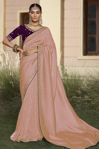 Peach embroidered fancy fabric saree with designer blouse fabric