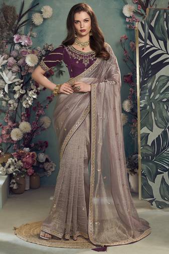 Light purple embroidered fancy fabric saree with designer blouse fabric