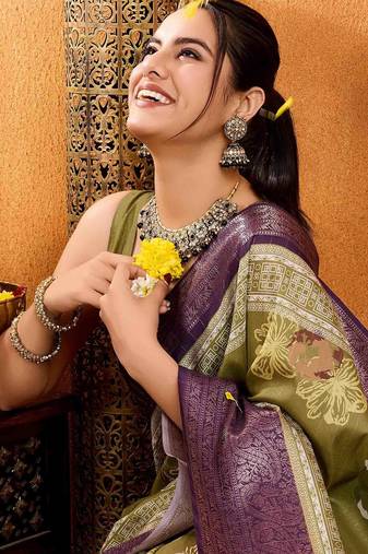 olive crepe printed saree with unstitched blouse