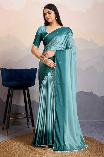 teal crepe beads work saree with unstitched blouse