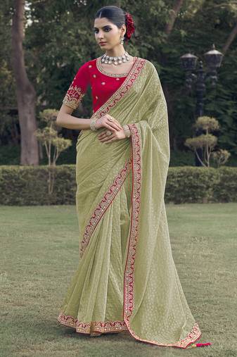 Mehendi embroidered fancy fabric saree with designer blouse fabric