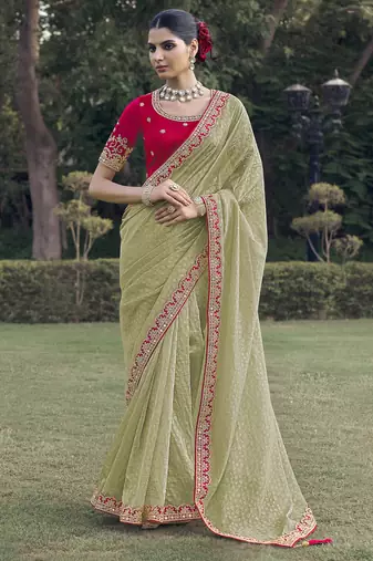 Mehendi embroidered fancy fabric saree with designer blouse fabric