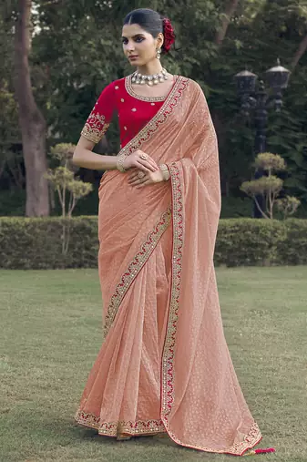 Pink embroidered fancy fabric saree with designer blouse fabric