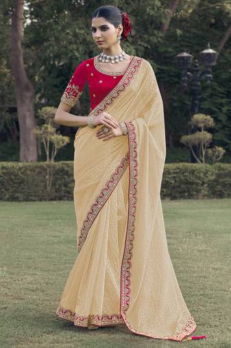 Chiku embroidered fancy fabric saree with designer blouse fabric