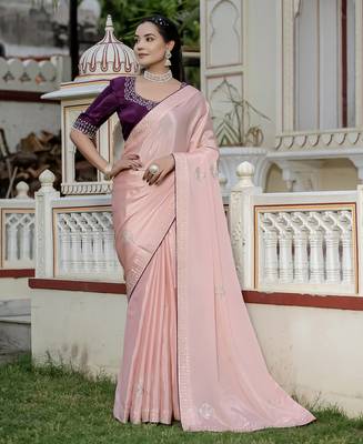 peach chinnon zarkan work saree with unstitched blouse 1