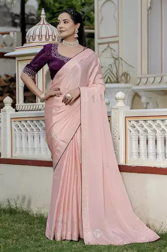 peach chinnon zarkan work saree with unstitched blouse