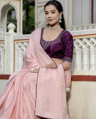 peach chinnon zarkan work saree with unstitched blouse 2