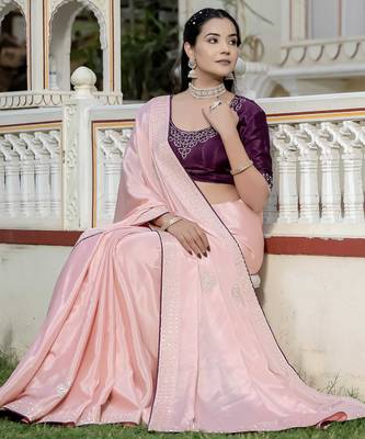 peach chinnon zarkan work saree with unstitched blouse 3