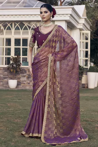 Purple embroidered fancy fabric saree with designer blouse fabric