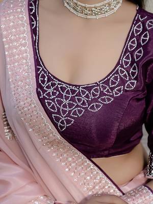 peach chinnon zarkan work saree with unstitched blouse 5
