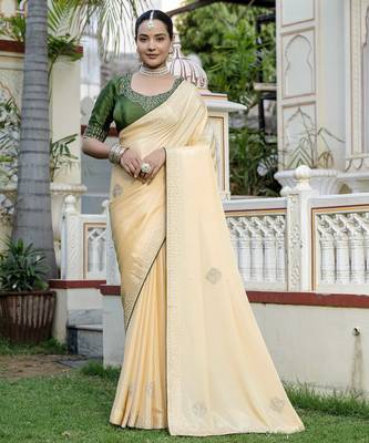 yellow chinnon zarkan work saree with unstitched blouse 1