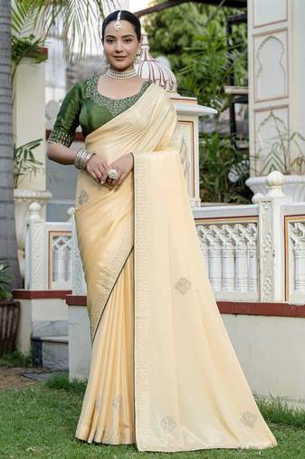 yellow chinnon zarkan work saree with unstitched blouse
