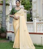 yellow chinnon zarkan work saree with unstitched blouse