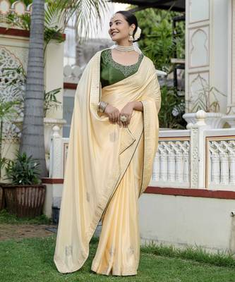 yellow chinnon zarkan work saree with unstitched blouse 2