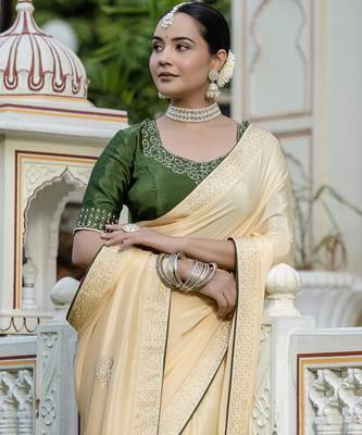 yellow chinnon zarkan work saree with unstitched blouse 3