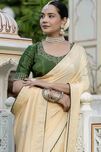 yellow chinnon zarkan work saree with unstitched blouse