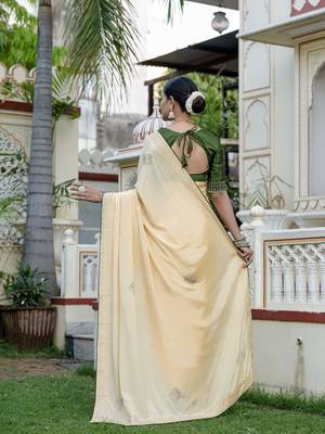 yellow chinnon zarkan work saree with unstitched blouse 4