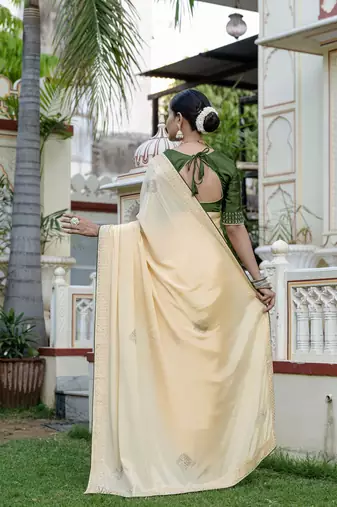 yellow chinnon zarkan work saree with unstitched blouse