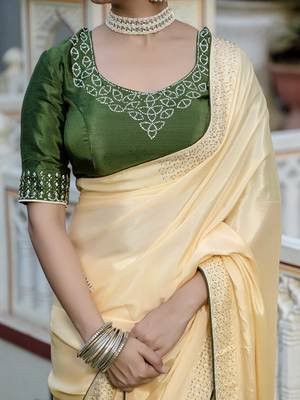 yellow chinnon zarkan work saree with unstitched blouse 5