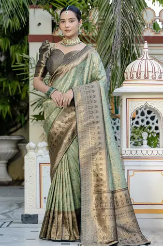 pista kanjivaram silk blend zari woven saree with unstitched blouse