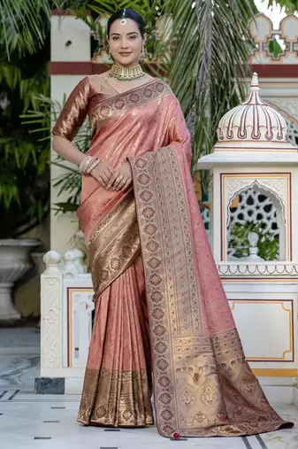 peach kanjivaram silk blend zari woven saree with unstitched blouse
