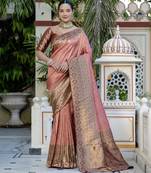 peach kanjivaram silk blend zari woven saree with unstitched blouse