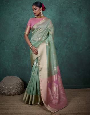 mint linen blend zari woven saree with unstitched blouse 1