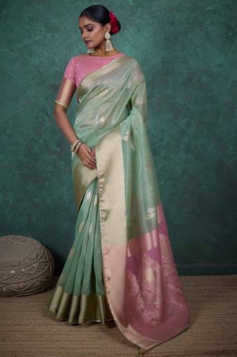 mint linen blend zari woven saree with unstitched blouse