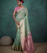mint linen blend zari woven saree with unstitched blouse