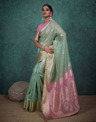 mint linen blend zari woven saree with unstitched blouse 2