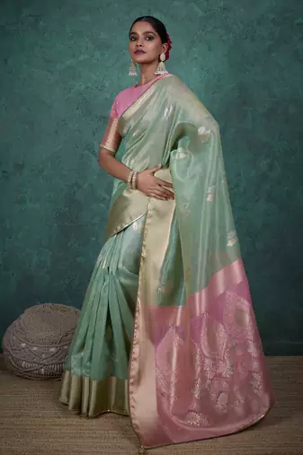 mint linen blend zari woven saree with unstitched blouse