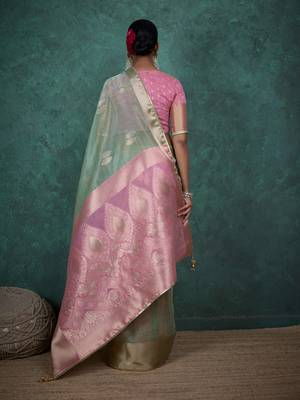 mint linen blend zari woven saree with unstitched blouse 3