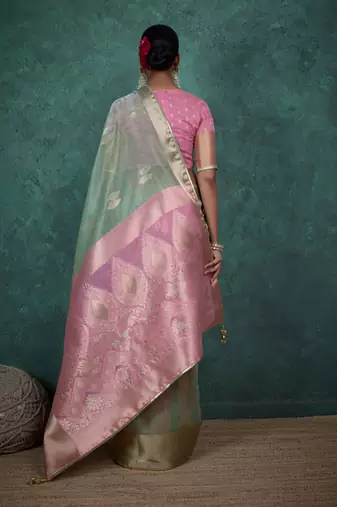 mint linen blend zari woven saree with unstitched blouse