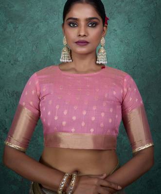 mint linen blend zari woven saree with unstitched blouse 4