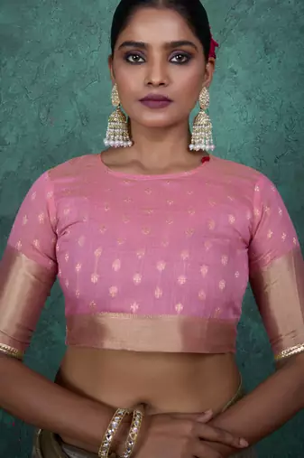 mint linen blend zari woven saree with unstitched blouse