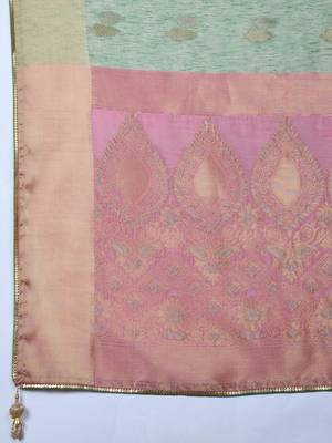 mint linen blend zari woven saree with unstitched blouse 5