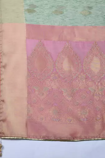 mint linen blend zari woven saree with unstitched blouse