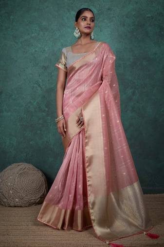 peach linen blend zari woven saree with unstitched blouse