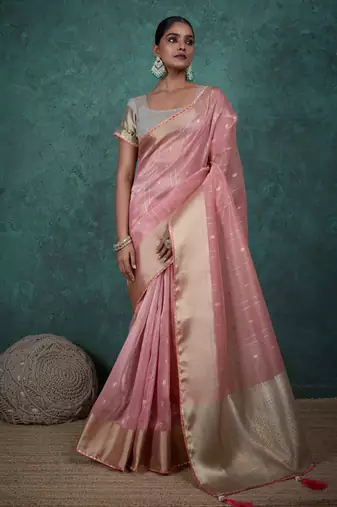 peach linen blend zari woven saree with unstitched blouse