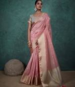 peach linen blend zari woven saree with unstitched blouse
