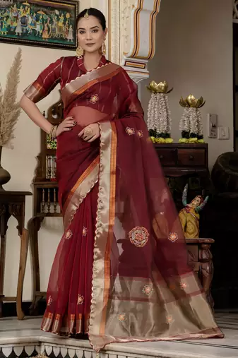 maroon linen zari woven saree with unstitched blouse