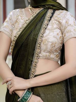olive satin solid saree with unstitched blouse 4